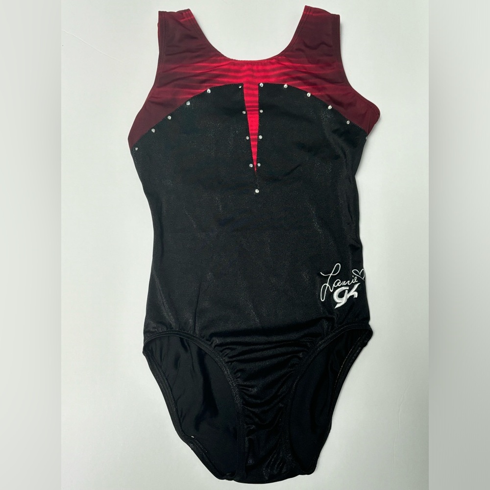 Gymnastics leotard lori hernandez matte red and metallic black with rhinestones